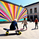 **

A vibrant, interactive public square revitalized by community art. Show children playing near a colorful mural and interactive sculpture, with young adults skateboarding and older people relaxing in the sun. The scene emphasizes social interaction and community spirit, showcasing the positive impact of art in urban spaces. Include elements of "Urban Knitting" – colorful knitted decorations on street furniture.

**