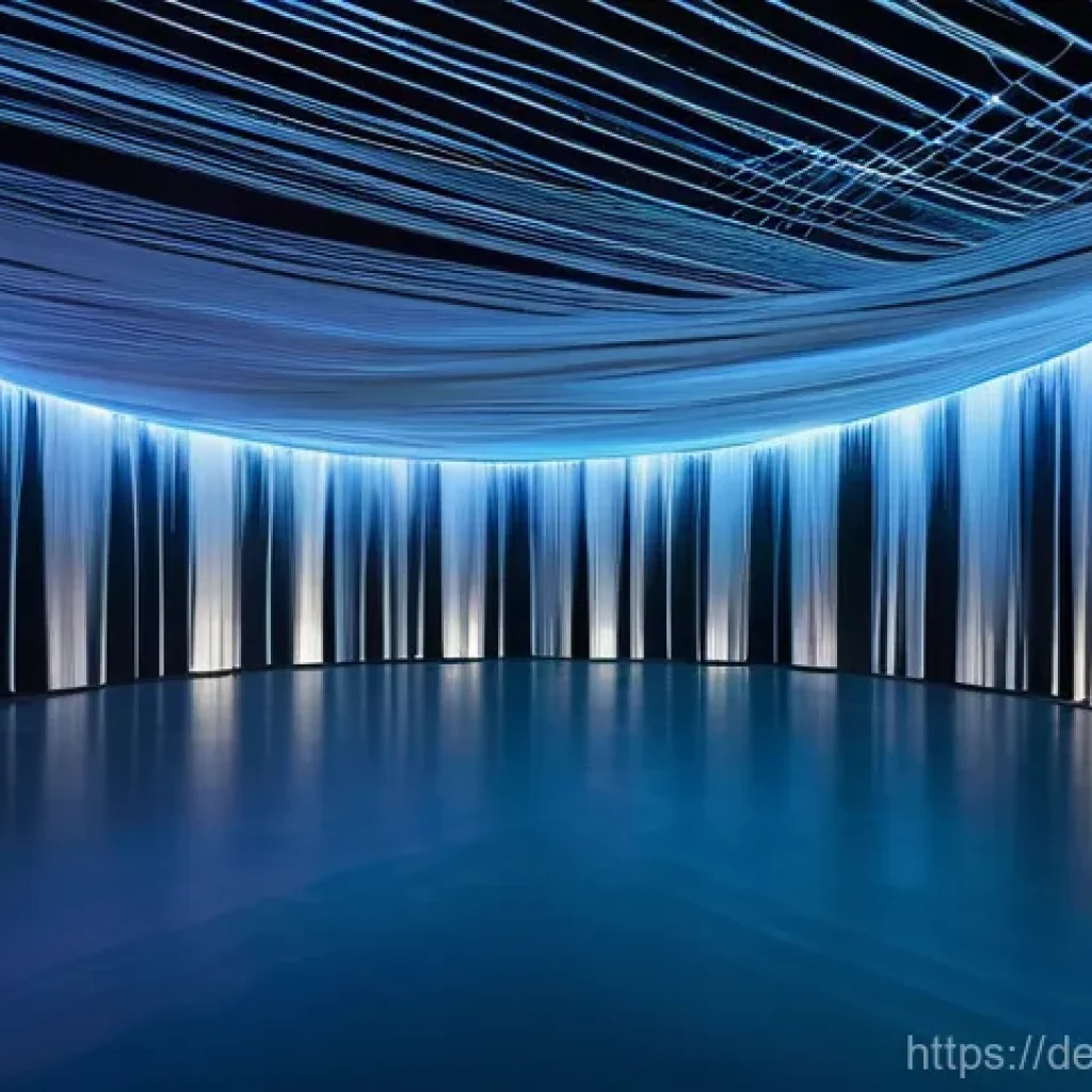 최고의 설치 예술 공간 구성 아이디어 - **Immersive Thread and Light Cloud Installation**
"A vast, darkened gallery space is completely ...