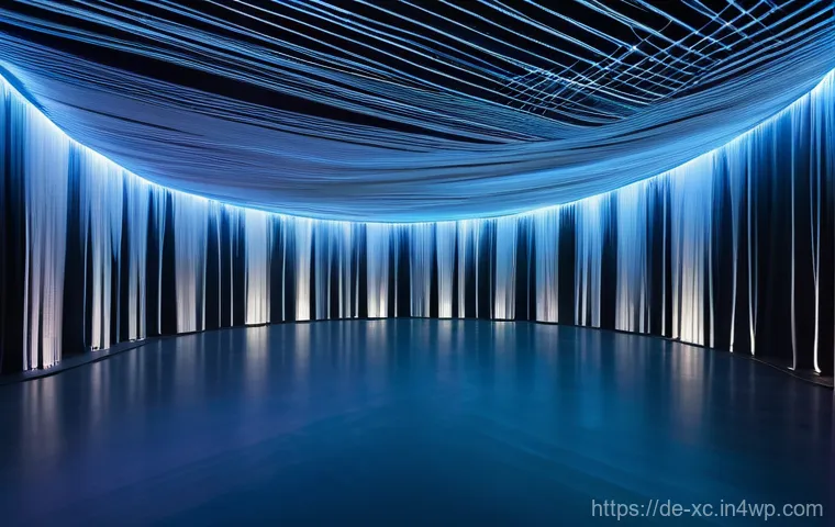 최고의 설치 예술 공간 구성 아이디어 - **Immersive Thread and Light Cloud Installation**
    "A vast, darkened gallery space is completely ...