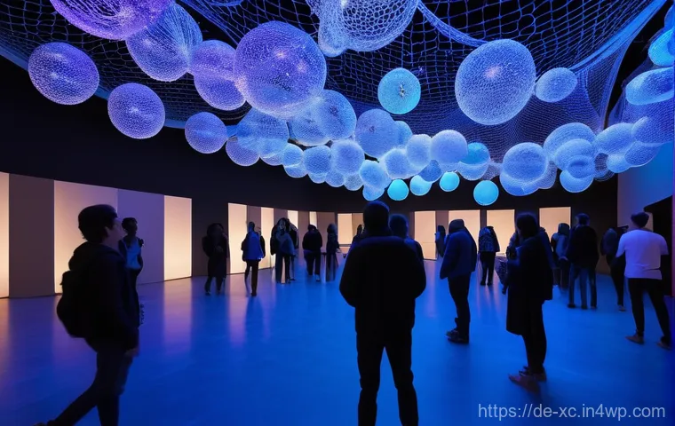 최고의 설치 예술 공간 구성 아이디어 - **Immersive Thread and Light Cloud Installation**
    "A vast, darkened gallery space is completely ...