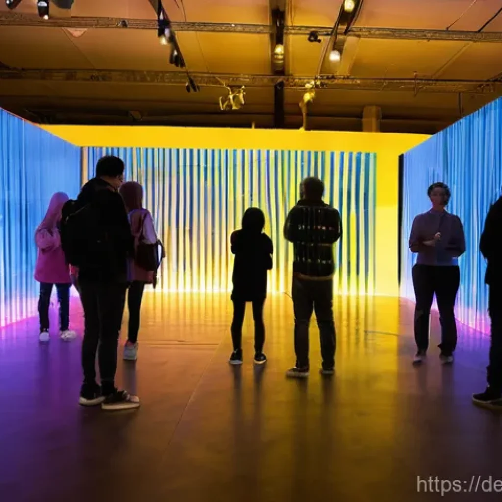 참여형 설치 예술 공간 기획하기 - **Prompt:** A dynamic, participatory art installation in a dimly lit, spacious exhibition hall. Dive...