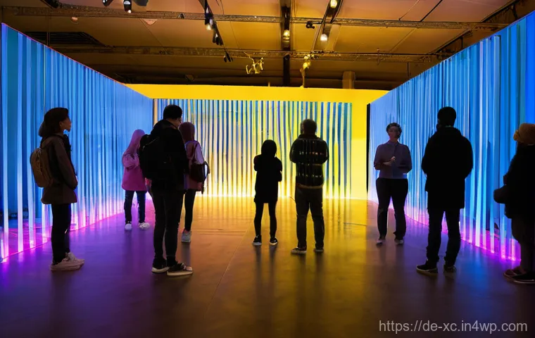 참여형 설치 예술 공간 기획하기 - **Prompt:** A dynamic, participatory art installation in a dimly lit, spacious exhibition hall. Dive...