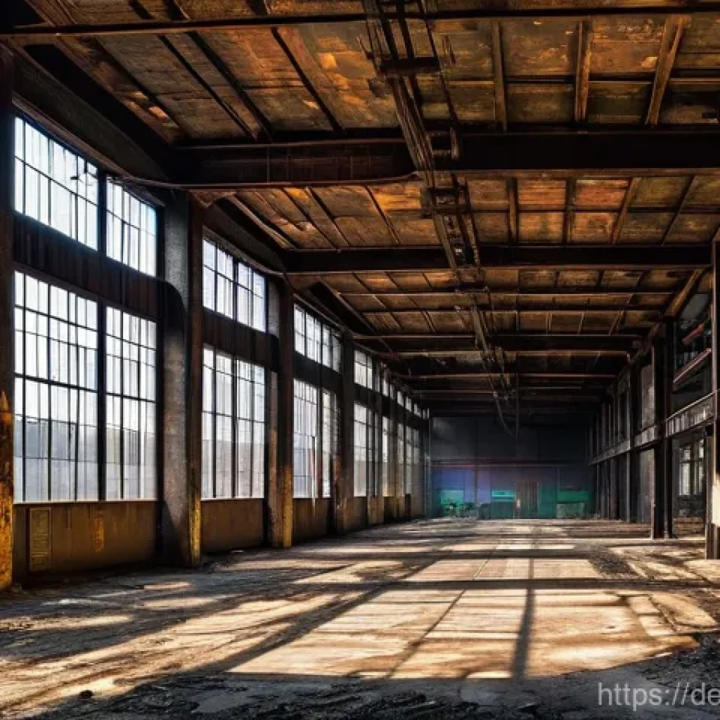과거와 현재를 잇는 설치 예술 공간 개념 - **Industrial Echoes, Artistic Rebirth:** A powerful, wide-angle photograph taken inside a massive, a...