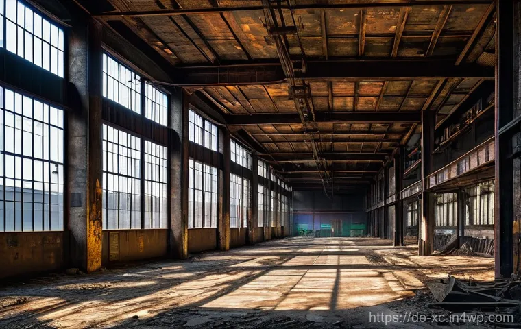 과거와 현재를 잇는 설치 예술 공간 개념 - **Industrial Echoes, Artistic Rebirth:** A powerful, wide-angle photograph taken inside a massive, a...