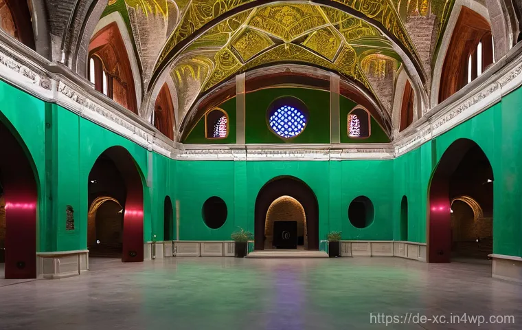 과거와 현재를 잇는 설치 예술 공간 개념 - **Industrial Echoes, Artistic Rebirth:** A powerful, wide-angle photograph taken inside a massive, a...
