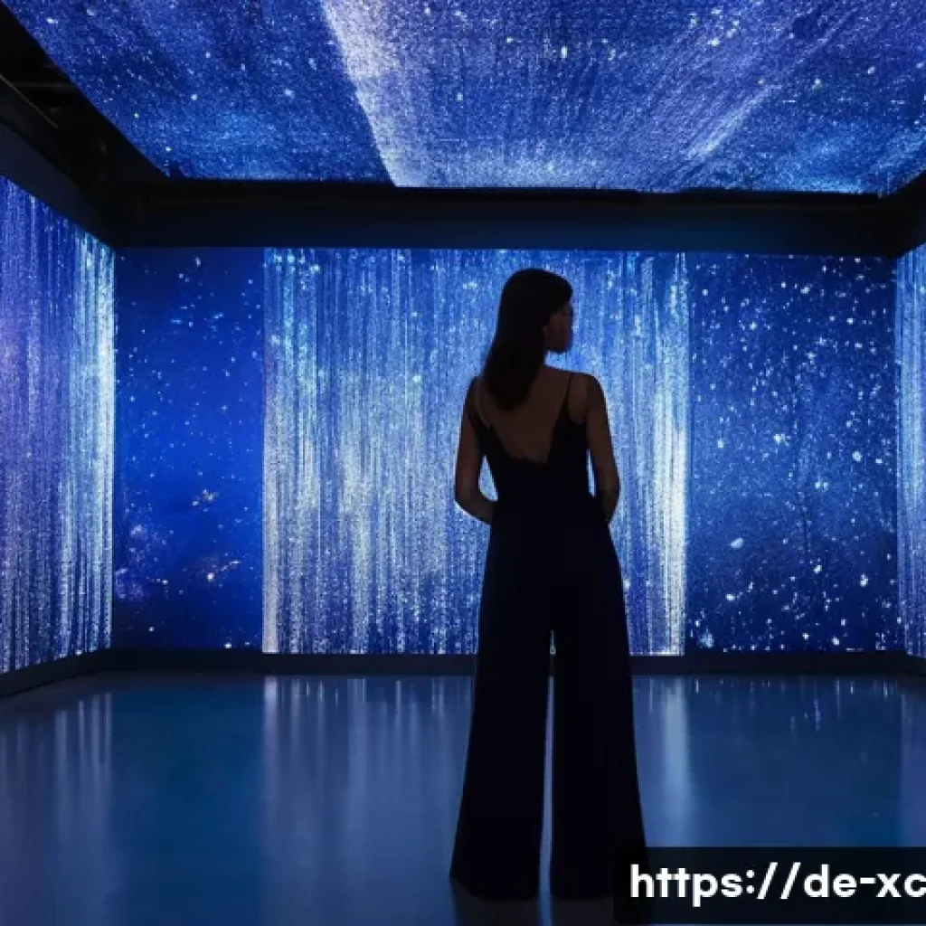 설치 예술 공간의 안전 기준 이해하기 - A woman in her late 20s, dressed in a stylish, dark blue jumpsuit, stands captivated in the center o...