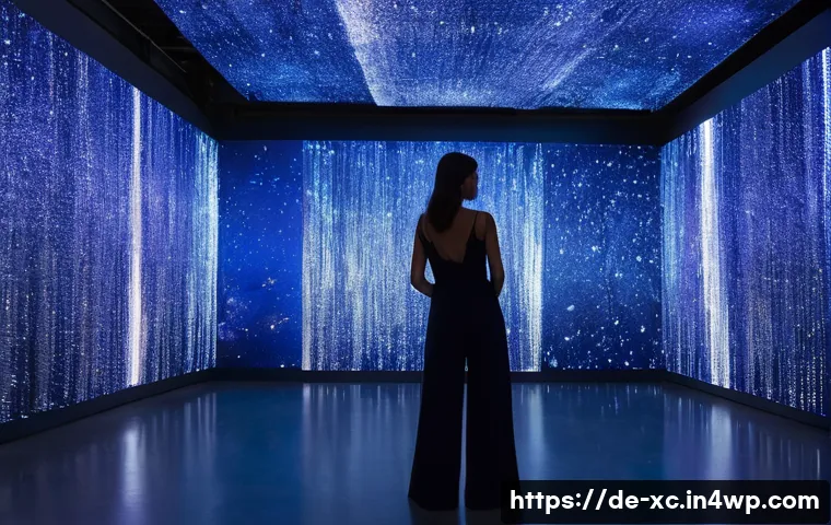 설치 예술 공간의 안전 기준 이해하기 - A woman in her late 20s, dressed in a stylish, dark blue jumpsuit, stands captivated in the center o...