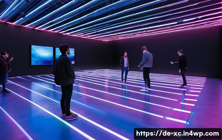 이색적인 설치 예술 공간 사례 연구 - A futuristic interactive art installation in a spacious Berlin gallery featuring sleek LED light pat...