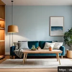 Home 21 가정에서 즐기는 소규모 설치 예술 공간 - A cozy modern living room interior in Germany featuring subtle, warm LED light accents behind a wood...