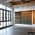 Home 20 지속 가능한 설치 예술 공간 만들기 - A sustainable installation art scene in an urban gallery featuring upcycled materials: weathered rec...