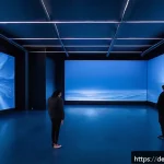 Home 19 설치 예술 공간의 색채심리학 이해하기 - An immersive installation room bathed in deep, calming blue light, with large-scale projections cove...