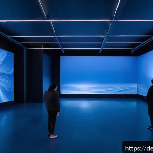Home 31 설치 예술 공간의 색채심리학 이해하기 - An immersive installation room bathed in deep, calming blue light, with large-scale projections cove...