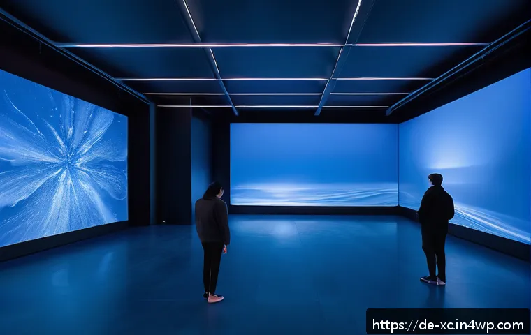 설치 예술 공간의 색채심리학 이해하기 - An immersive installation room bathed in deep, calming blue light, with large-scale projections cove...