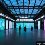 Home 18 설치 예술 공간 구성에서의 글로벌 사례 연구 - A futuristic interactive art installation inside a spacious Berlin industrial hall with high ceiling...