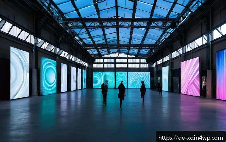 설치 예술 공간 구성에서의 글로벌 사례 연구 - A futuristic interactive art installation inside a spacious Berlin industrial hall with high ceiling...
