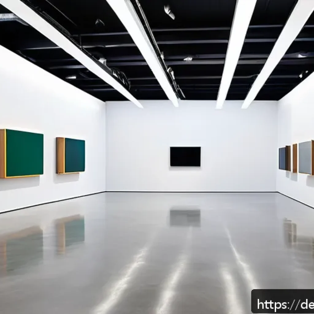 설치 예술 공간에서의 오디오 요소 활용법 - A sophisticated modern art gallery interior showcasing an immersive sound installation: sleek invisi...