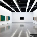 Home 23 설치 예술 공간에서의 오디오 요소 활용법 - A sophisticated modern art gallery interior showcasing an immersive sound installation: sleek invisi...