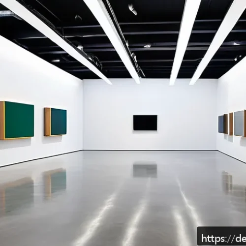 Home 17 설치 예술 공간에서의 오디오 요소 활용법 - A sophisticated modern art gallery interior showcasing an immersive sound installation: sleek invisi...