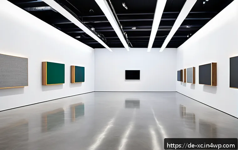 설치 예술 공간에서의 오디오 요소 활용법 - A sophisticated modern art gallery interior showcasing an immersive sound installation: sleek invisi...